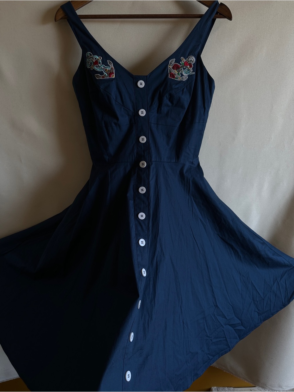 Hell Bunny Nautical Anchor Rose Embroidered Swing Dress S